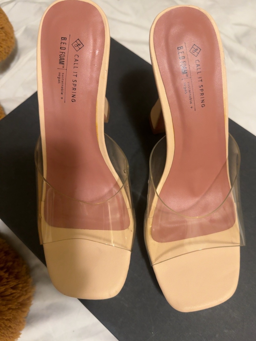 Call It Spring Nude Beige Clear Strap Block Heel Mules